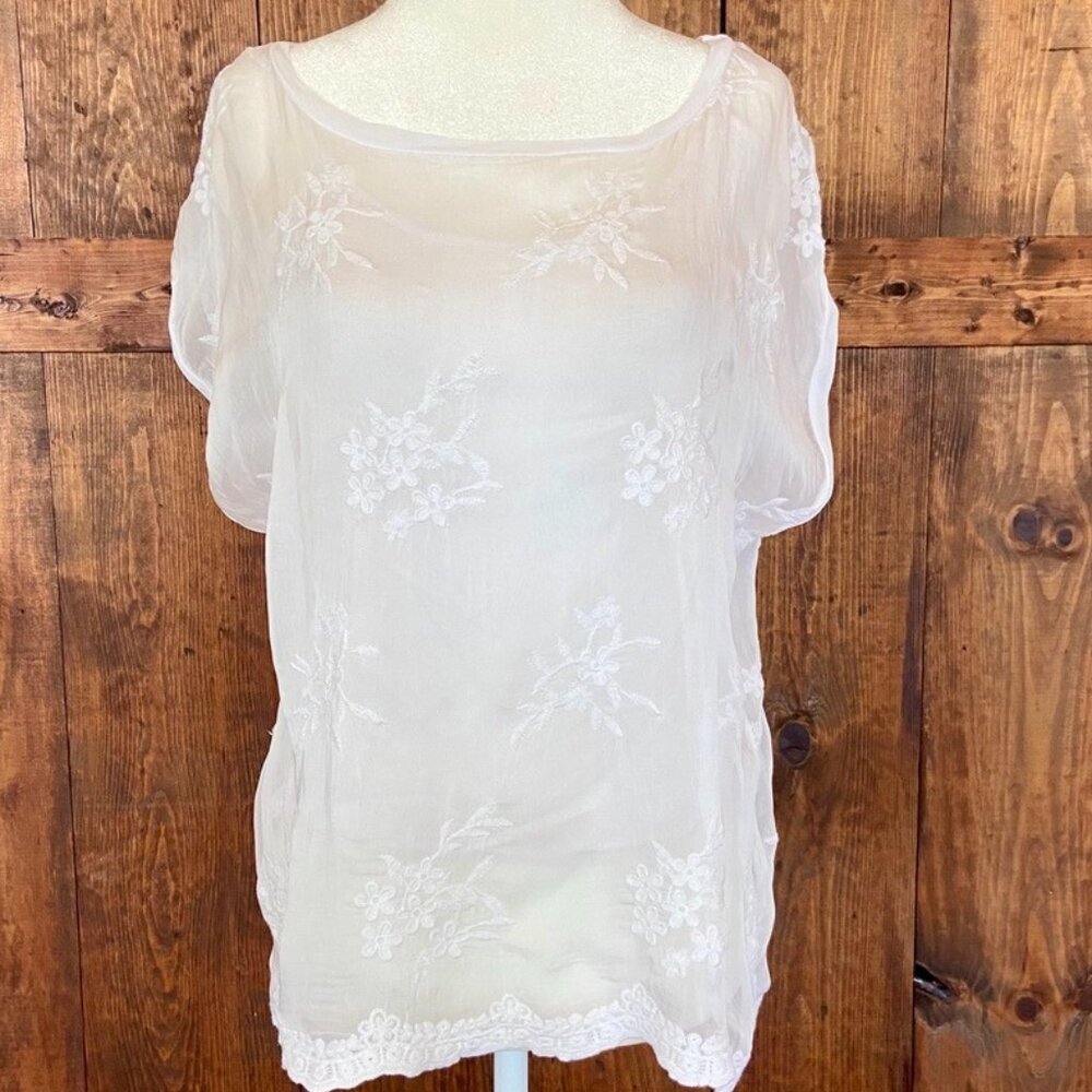 White silk Floral embroidered women's blouse, Moda Seta Italy Sz M